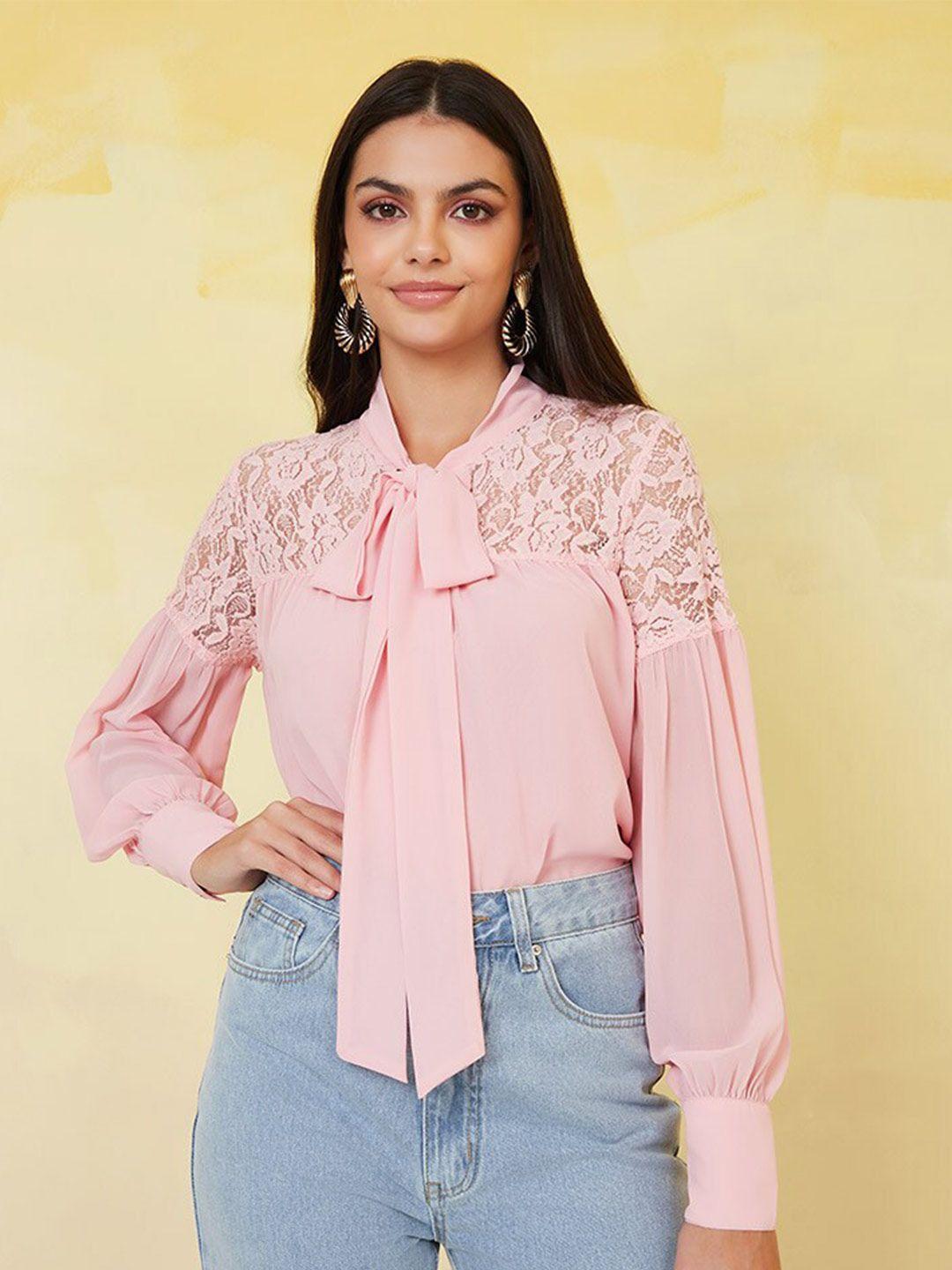 styli pink tie-up neck cuffed sleeve shirt style top