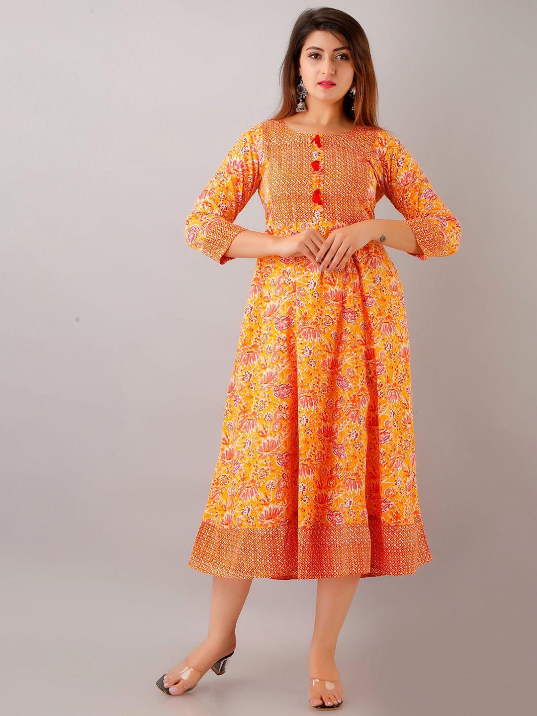 here&now orange floral printed fit and flare midi ethnic dresses