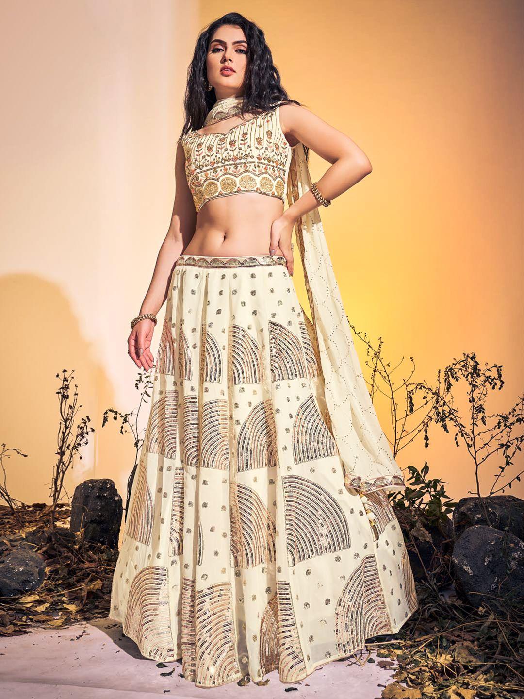 fusionic off white & gold-toned zardozi ready to wear lehenga & blouse with dupatta