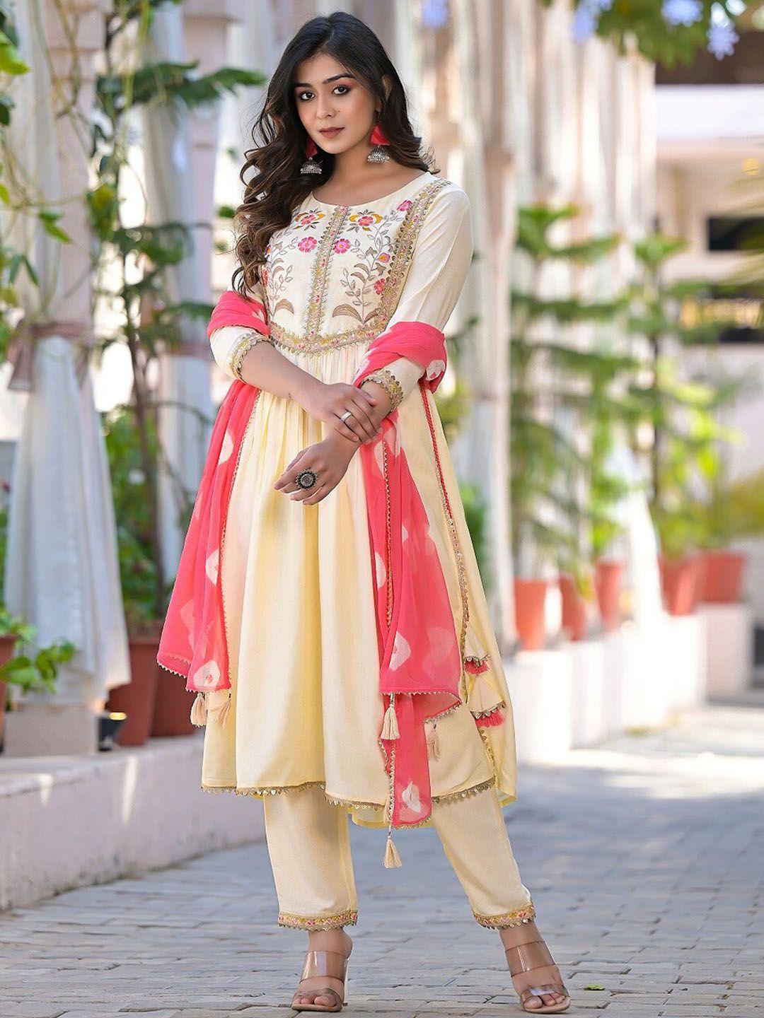 hatheli floral embroidered sequinned pure cotton kurta with trousers & with dupatta