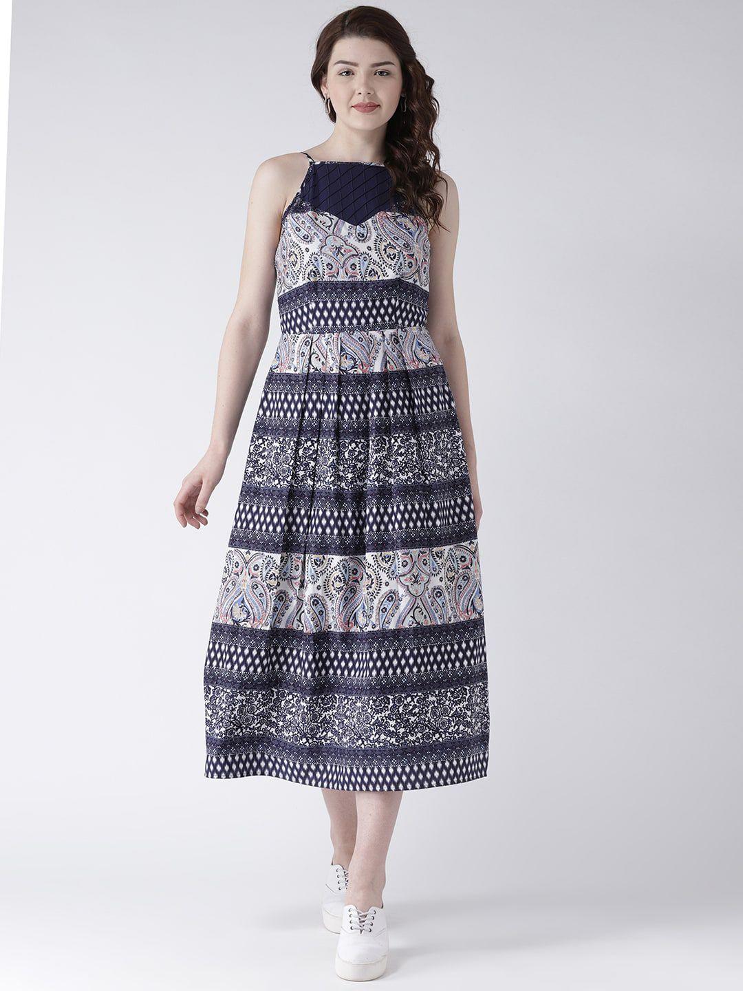 dodo & moa navy blue ethnic motifs print crepe fit & flare midi dress