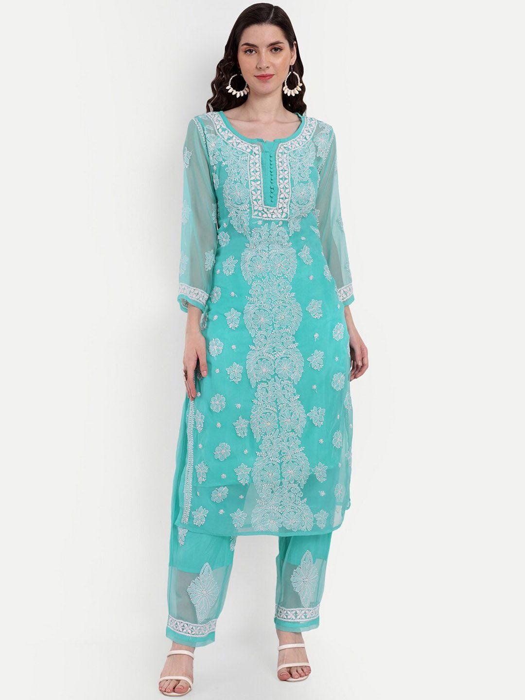 indiankala4u floral embroidered chikankari kurta with palazzos & camisole