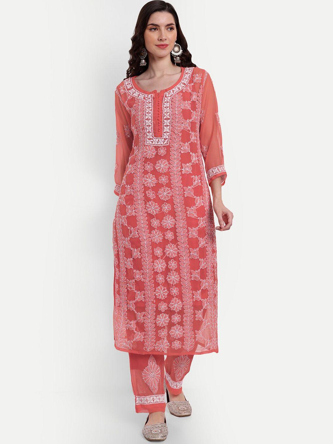 indiankala4u floral embroidered chikankari kurta with palazzos & camisole