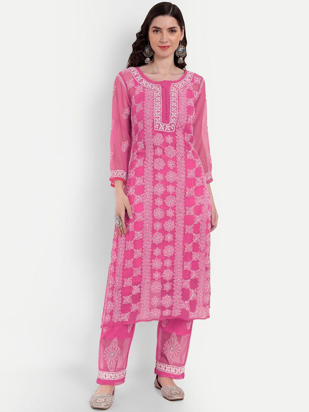 indiankala4u floral embroidered chikankari kurta with palazzos & camisole