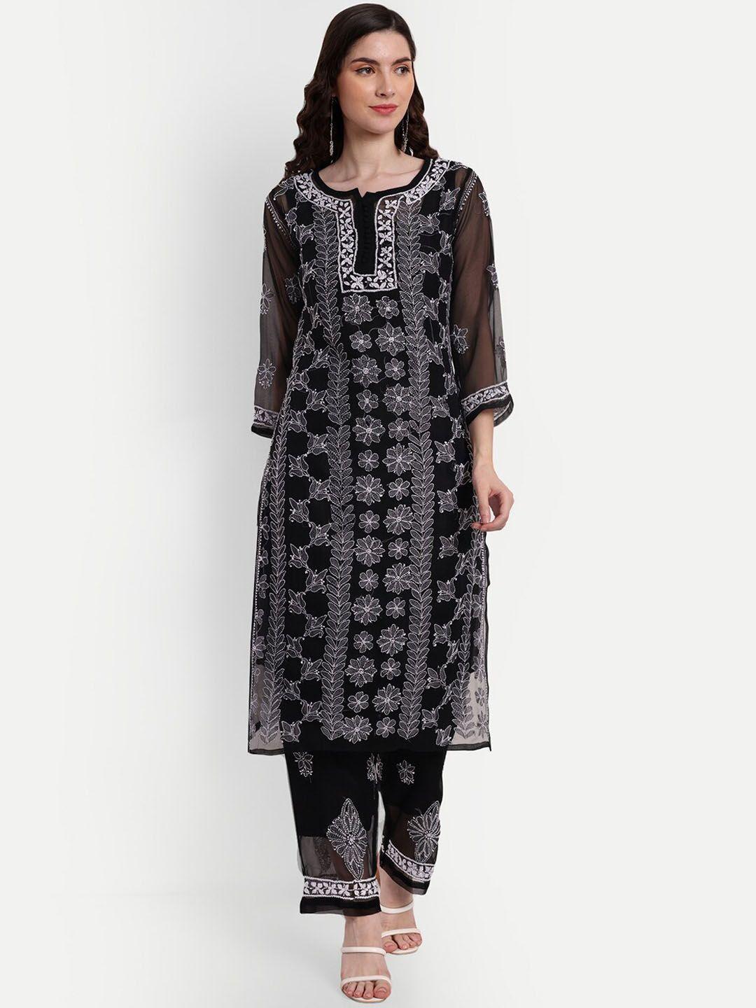 indiankala4u floral embroidered chikankari kurta with palazzos & camisole