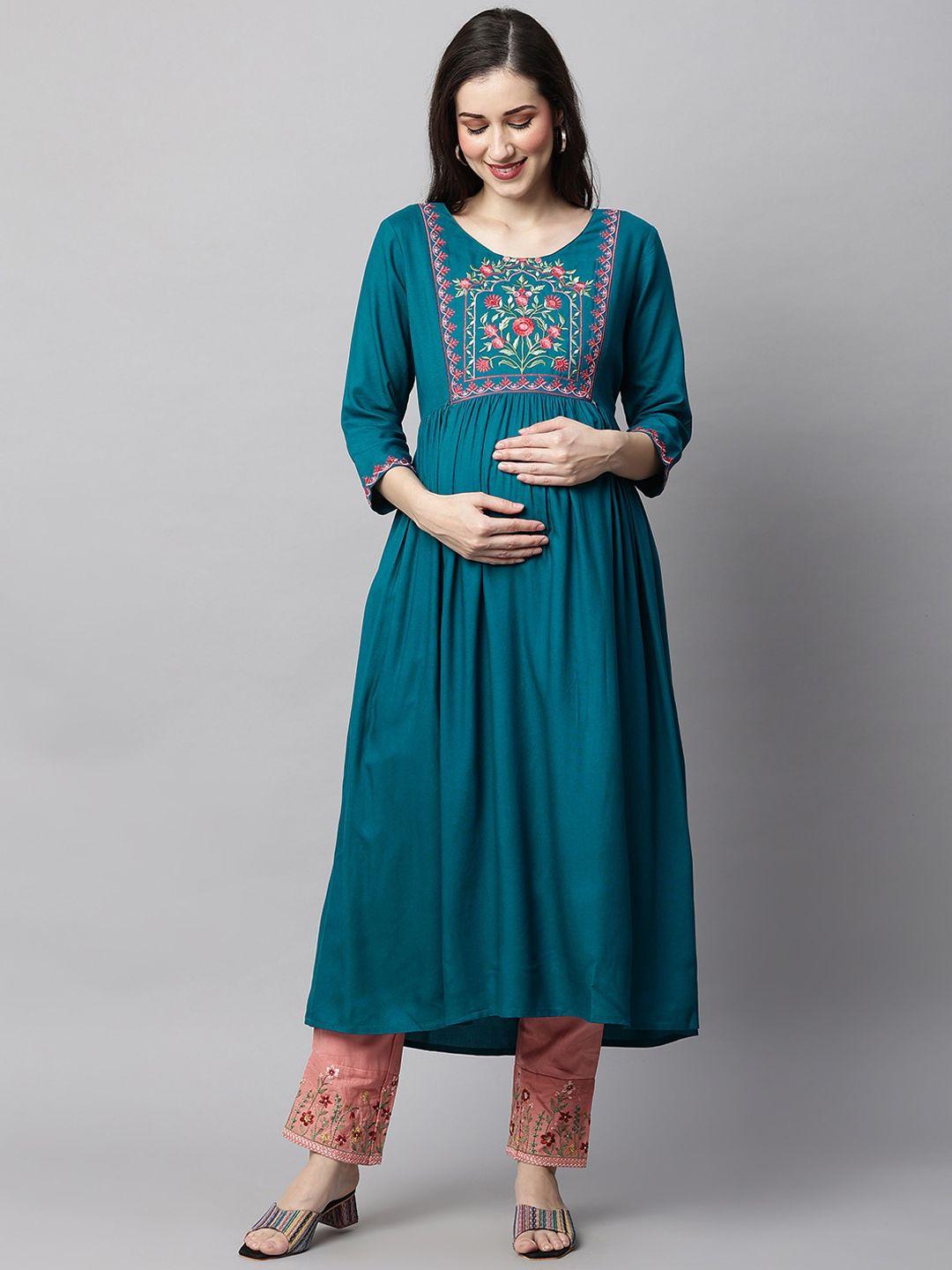 momtobe floral yoke design thread work maternity anarkali kurta