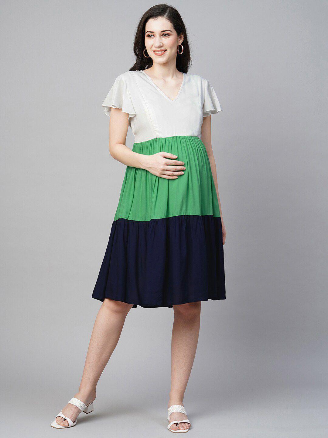 momtobe colourblocked flutter sleeve maternity a-line dress