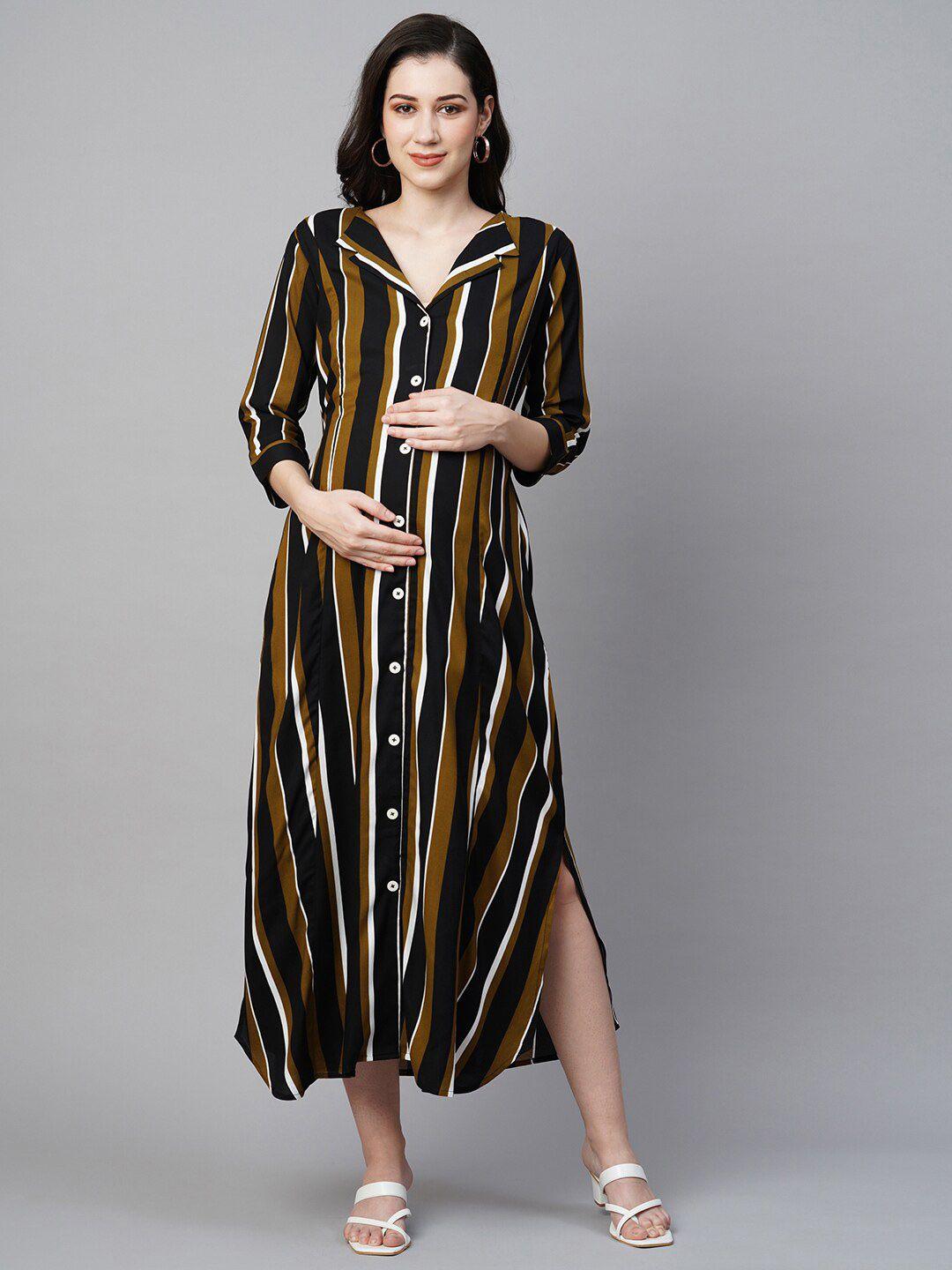 momtobe striped slit maternity midi shirt dress