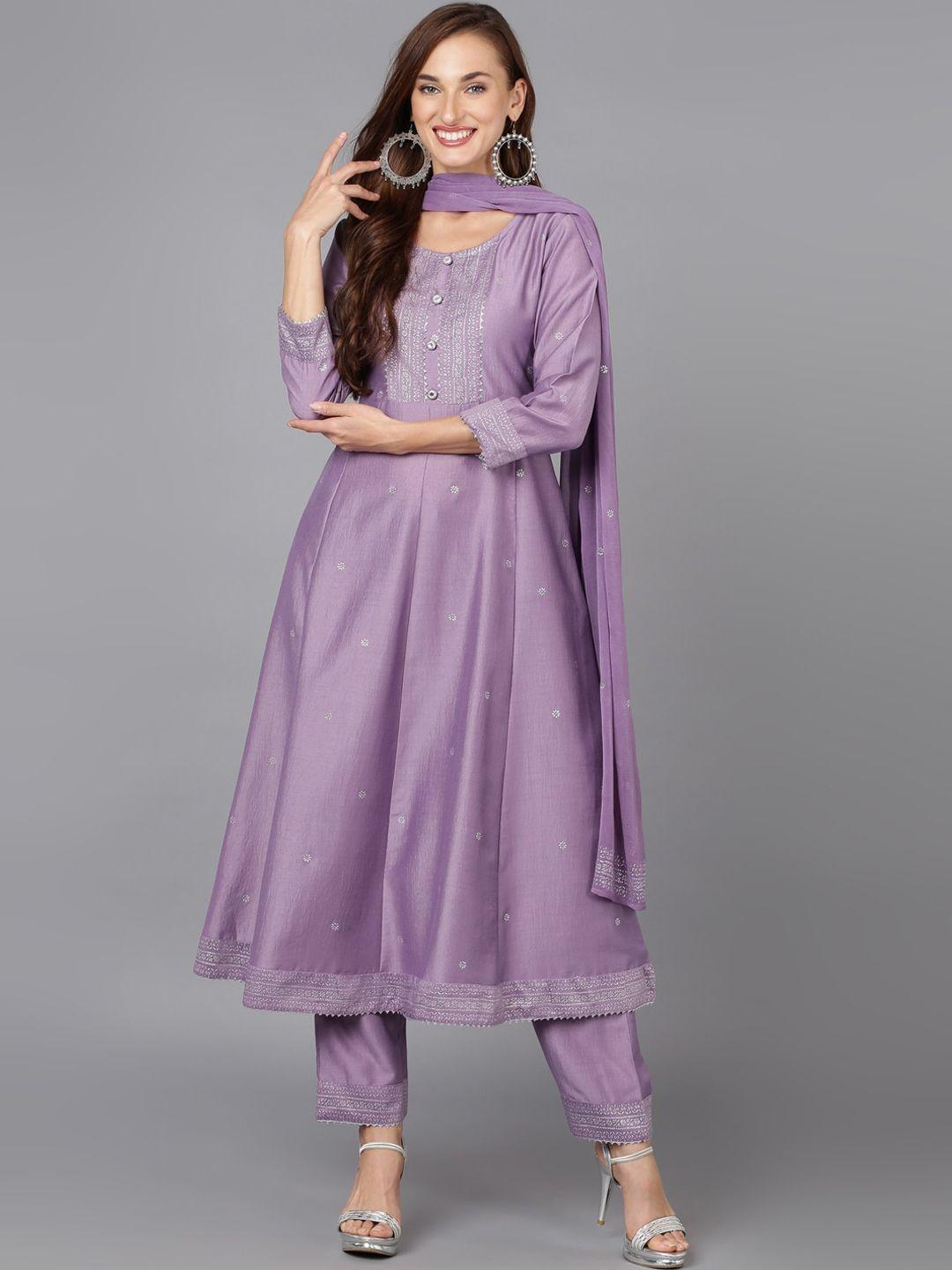 ahika lavender ethnic foil printed gotta patti anarkali kurta with trousers & dupatta