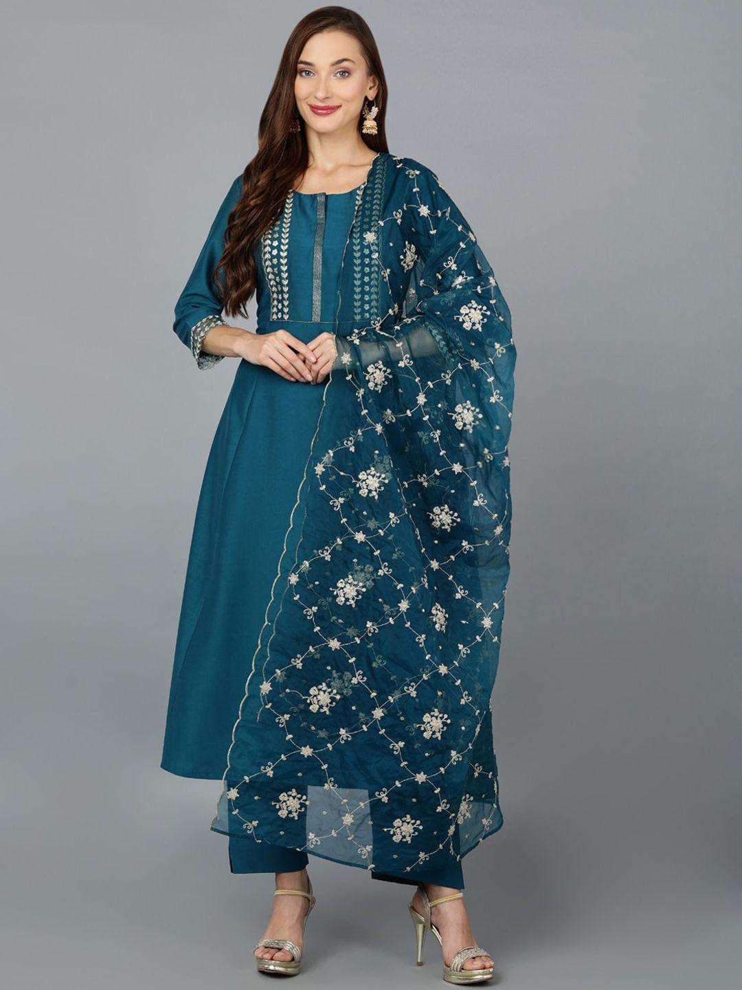 ahika blue & silver-toned floral yoke design a-line kurta with trousers & dupatta