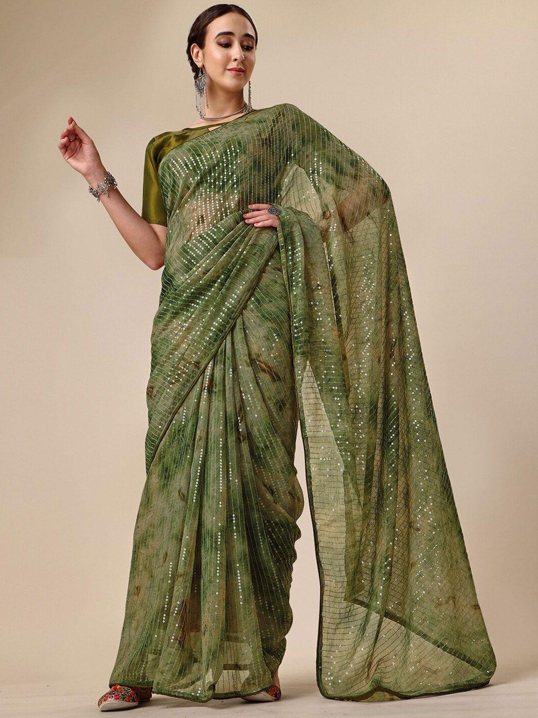 sangria olive green sequenced printed pure georgette sarees