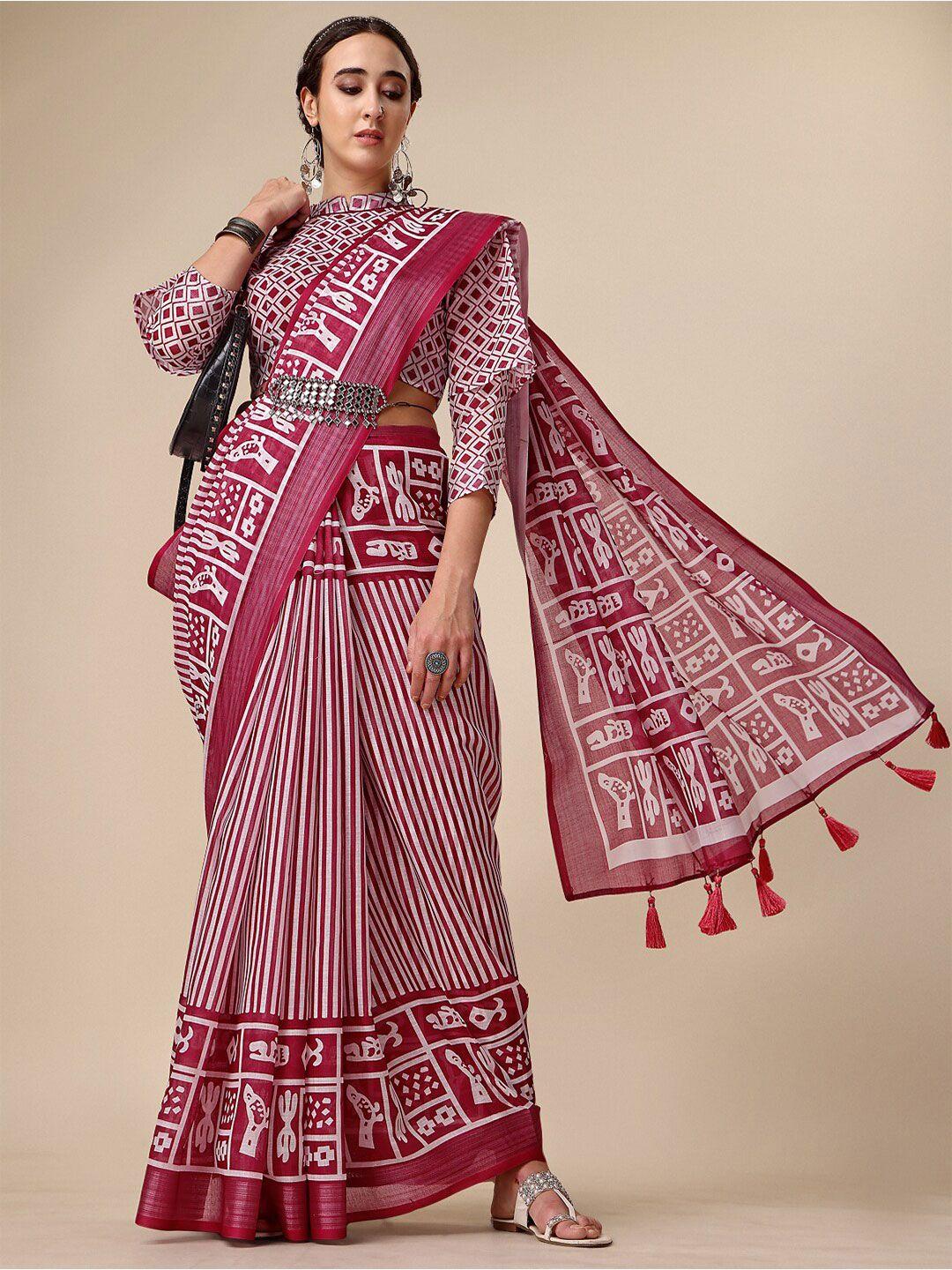 sangria marron & white printed pure linen sarees