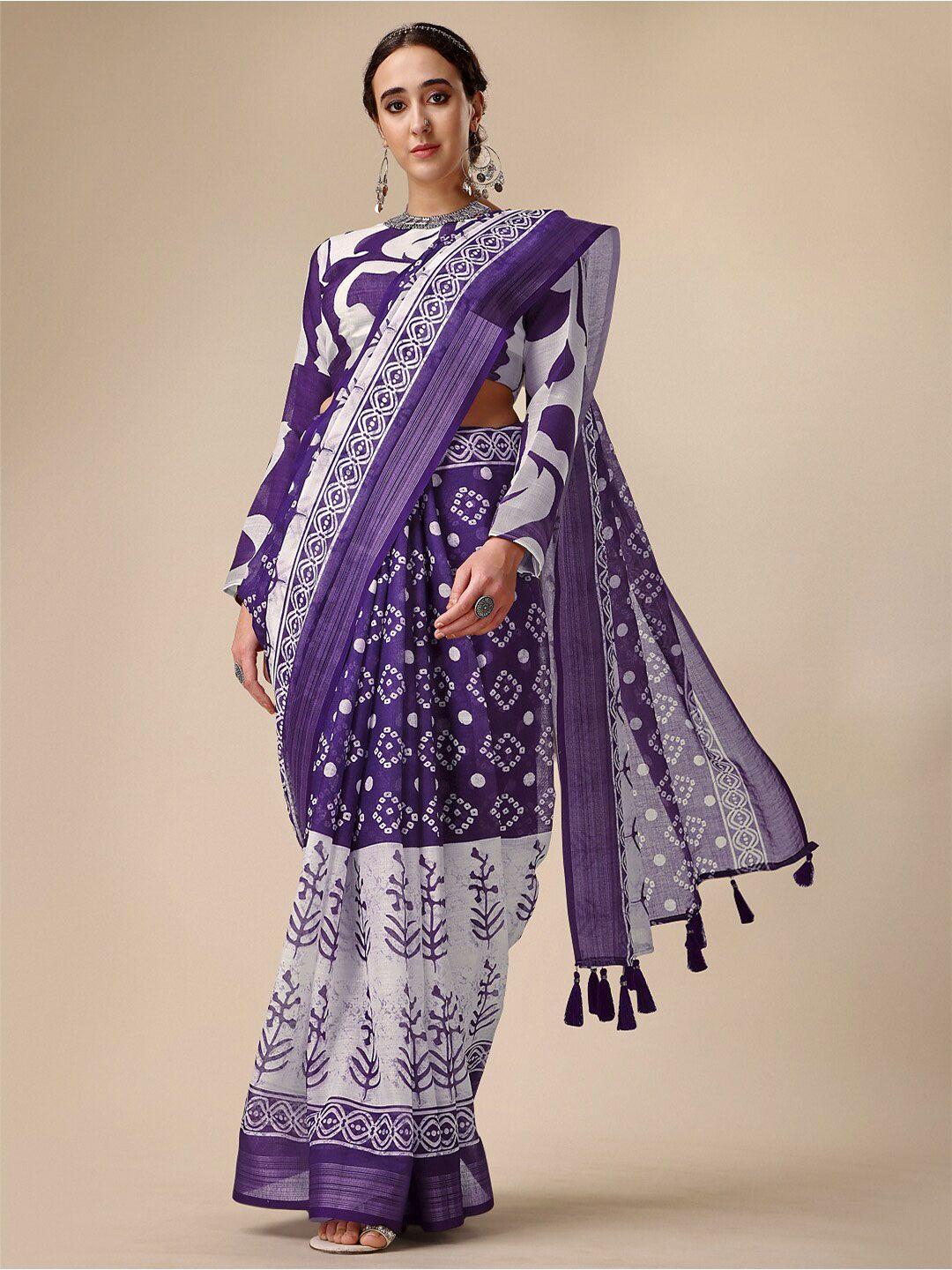 sangria purple & white printed pure linen saree