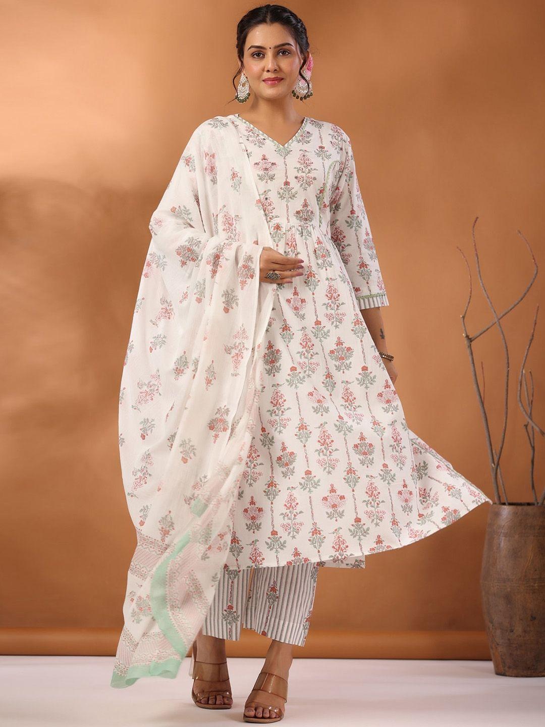 etnicawear ethnic motifs printed pleated pure cotton kurta with trousers & dupatta