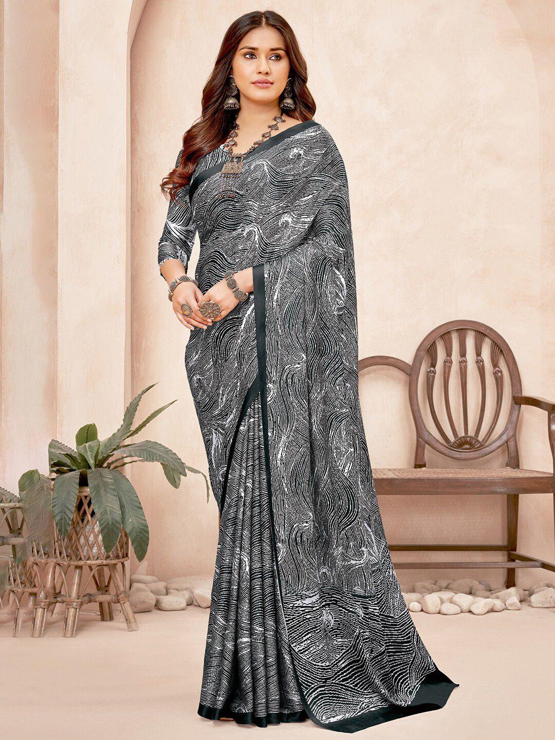 anouk black & white abstract printed pure crepe saree