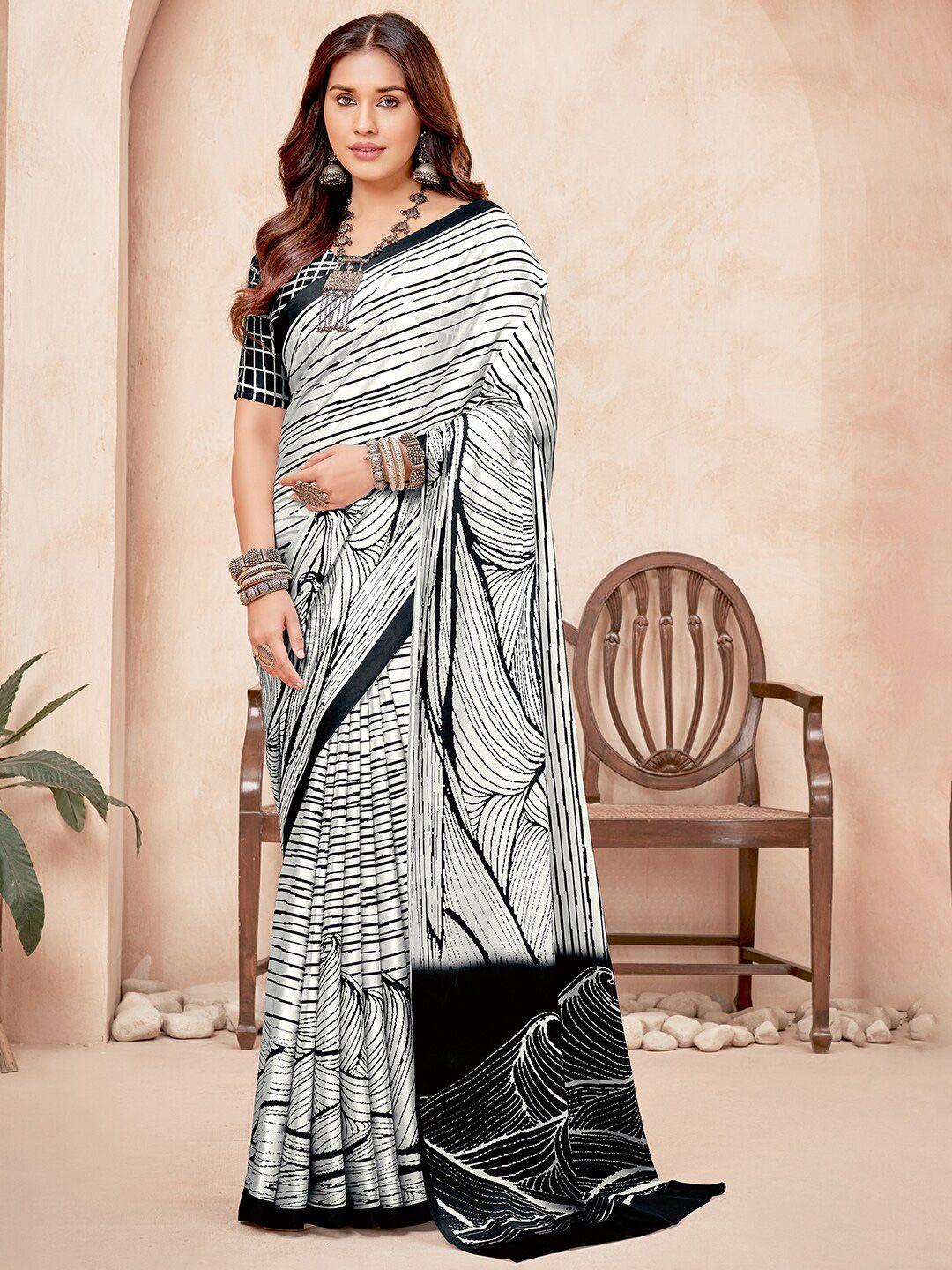 anouk white & black abstract printed pure crepe saree