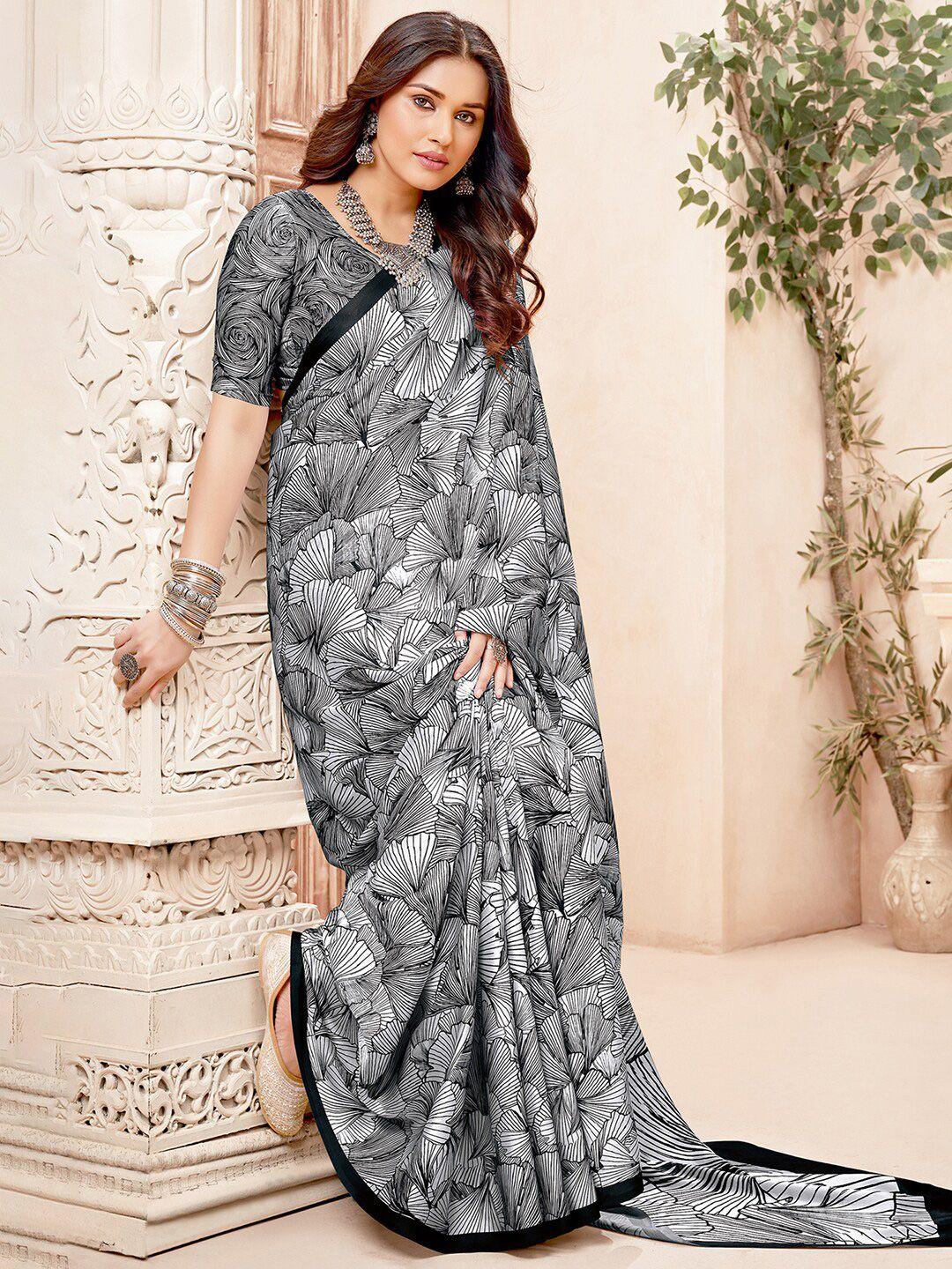 anouk white & black abstract printed pure crepe saree