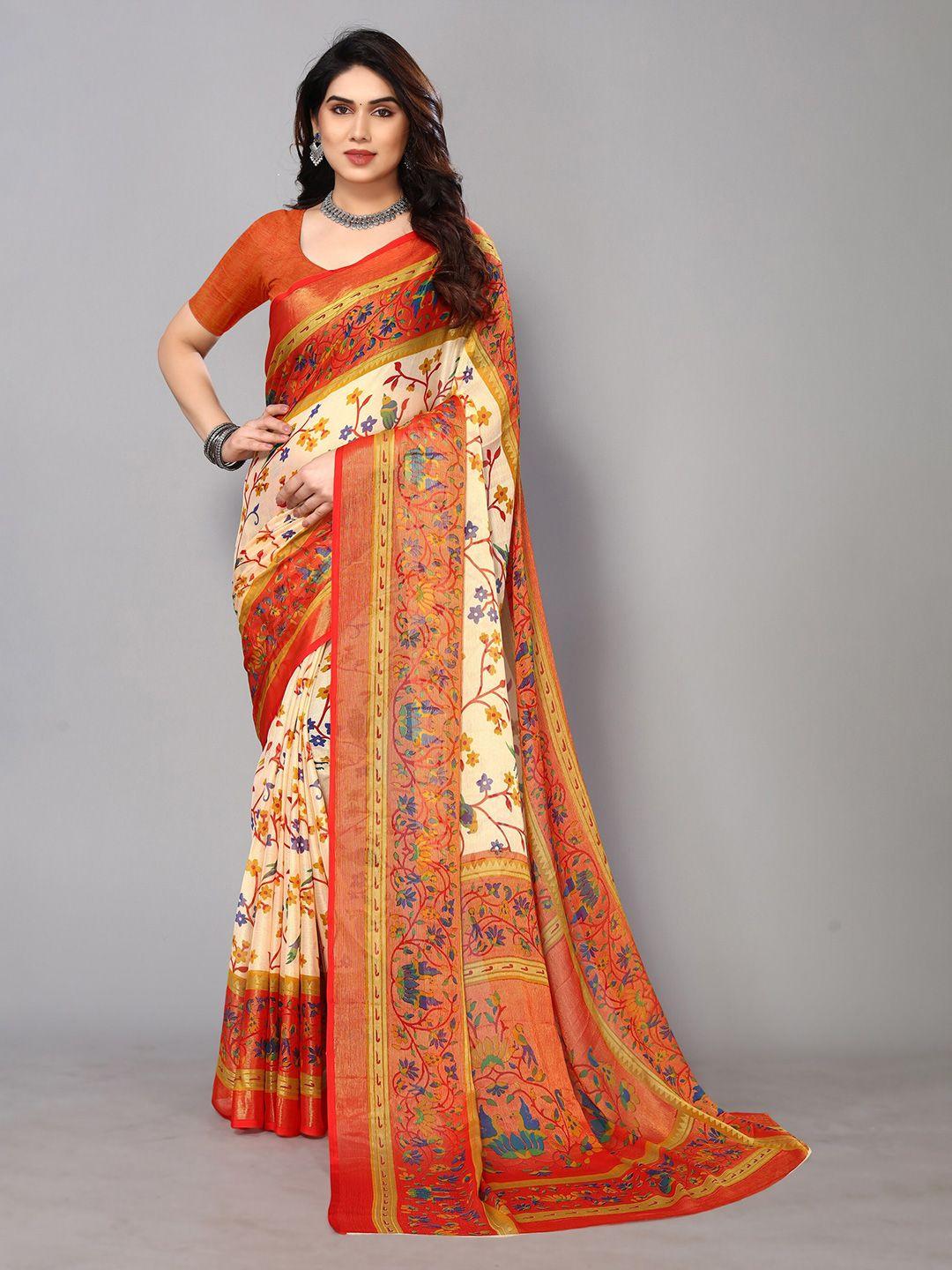 fabmora floral printed zari pure chiffon saree