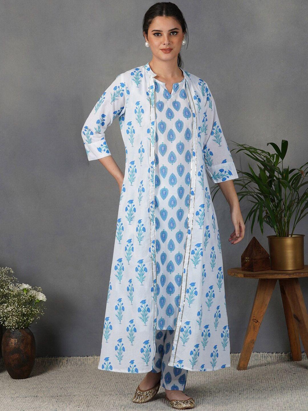 metro-fashion ethnic motifs printed pure cotton kurta with trousers & jacket