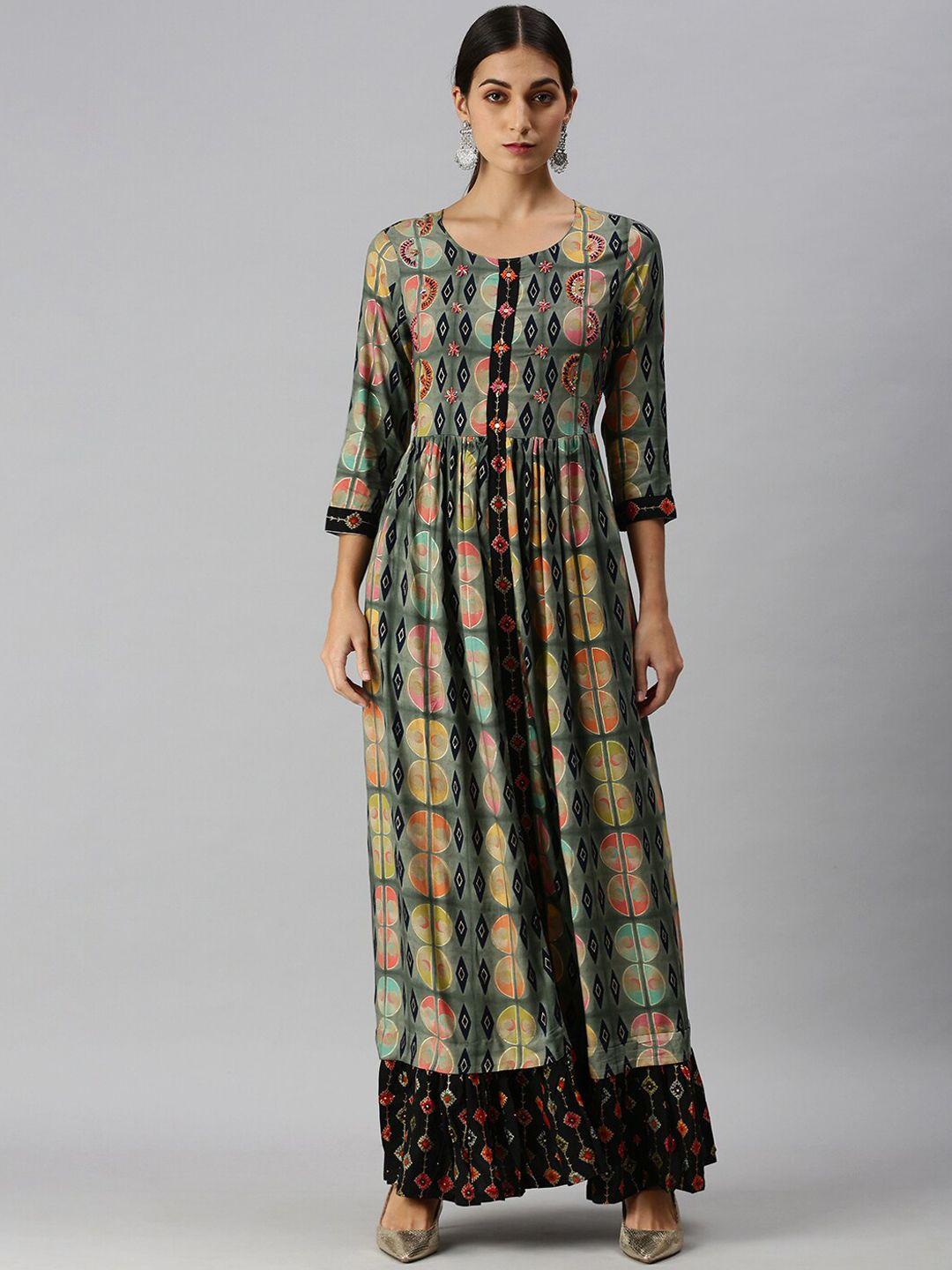 showoff geometric printed embroidered a-line ethnic dress