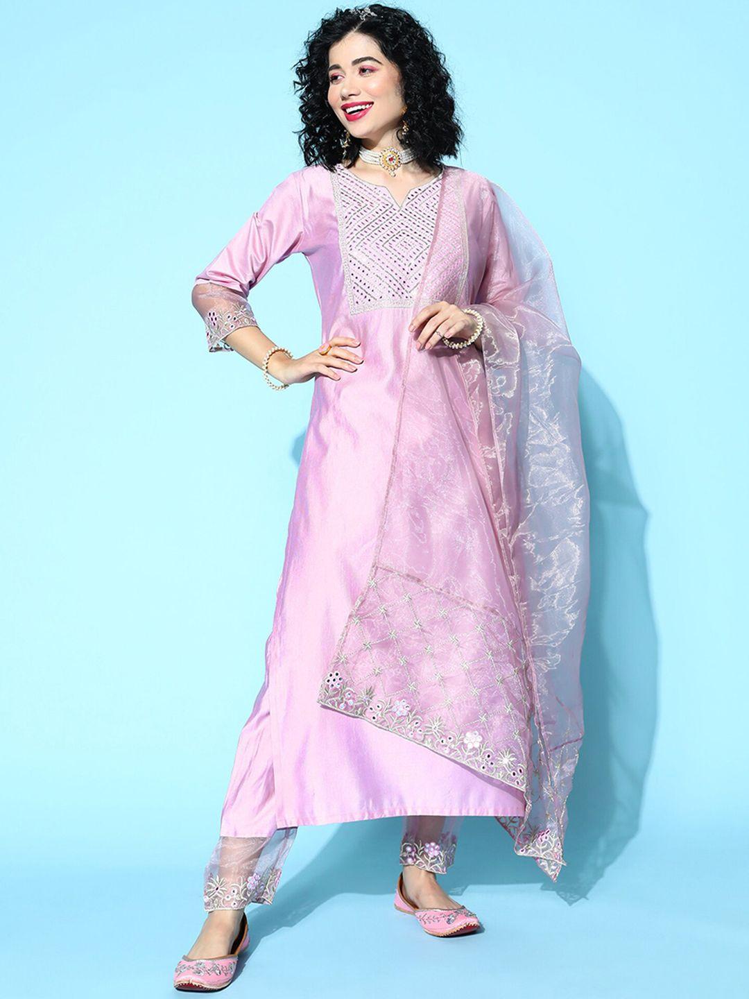 indo era lavender geometric yoke design sequinned liva kurta with trousers & dupatta