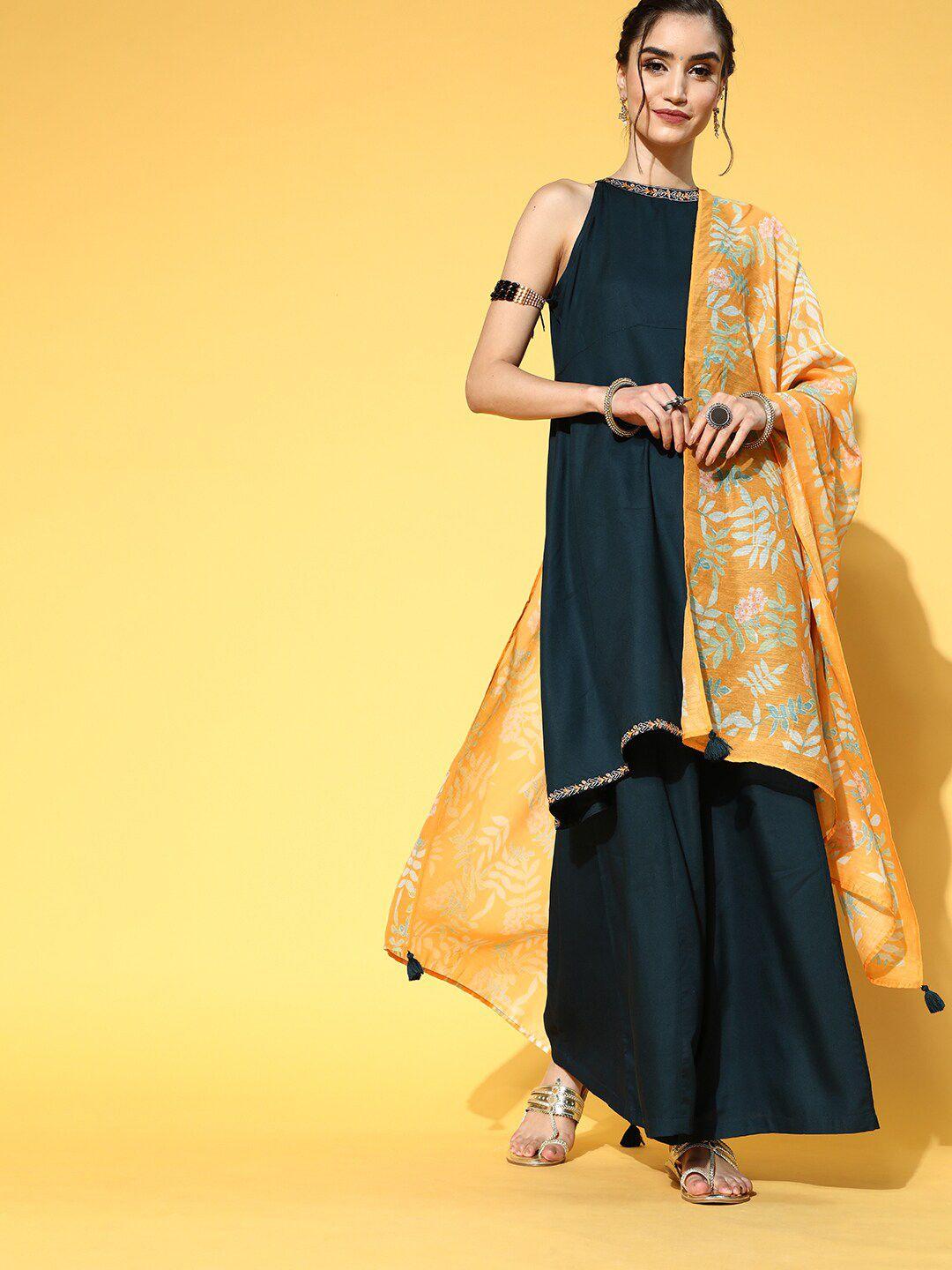 yufta green & orange a-line sleeveless kurta with palazzos & dupatta