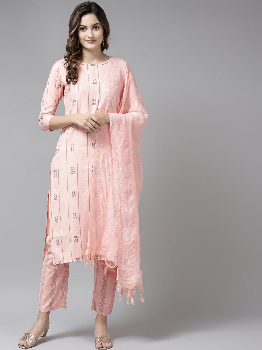 yufta peach ethnic motifs printed regular kurta with trousers & dupatta