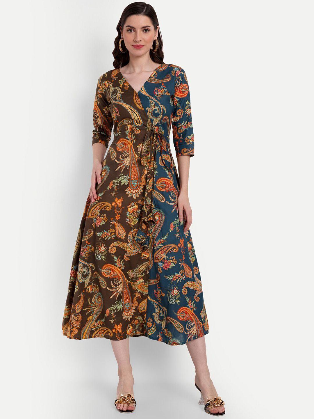 isam printed wrap a-line midi-length pure cotton ethnic dresses