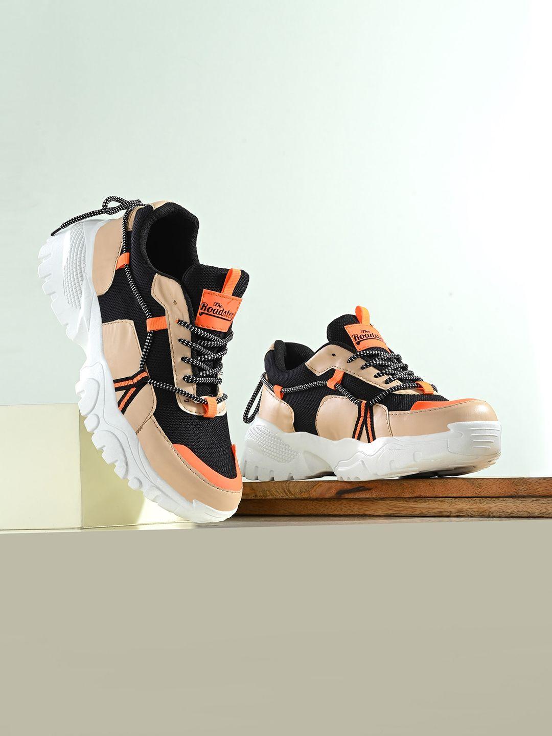 roadster women orange & black colourblocked padded insole contrast sole sneakers