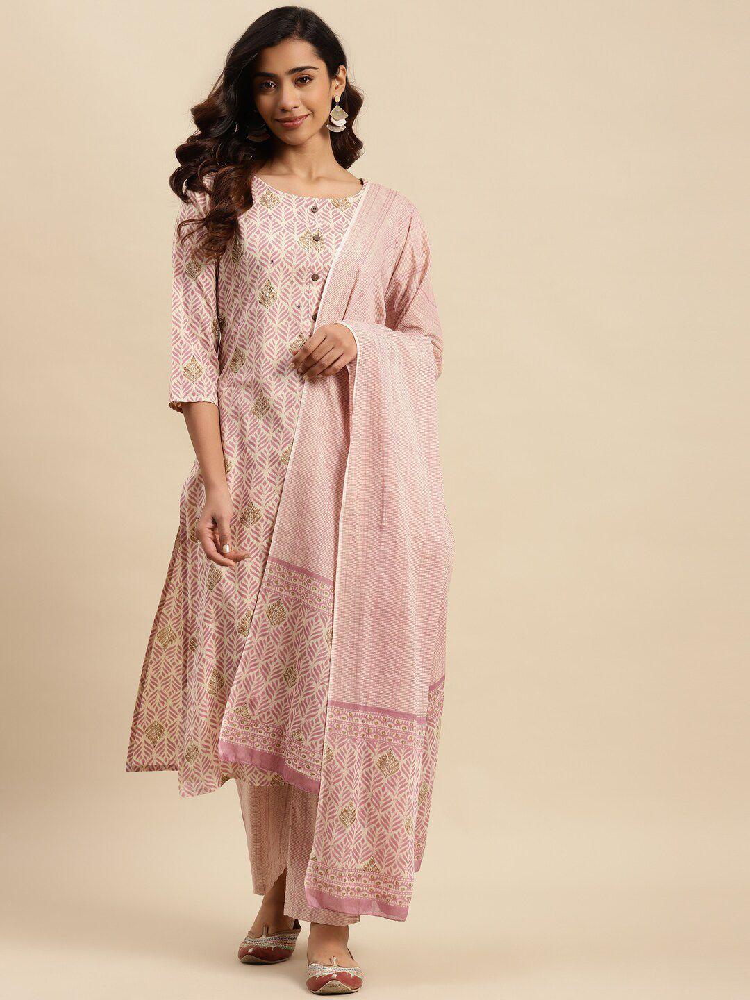 sangria mauve floral printed beads and stones kurta with trouser & dupatta