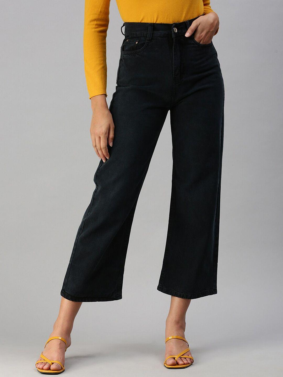 showoff women high-rise cotton straight fit stretchable cropped jeans