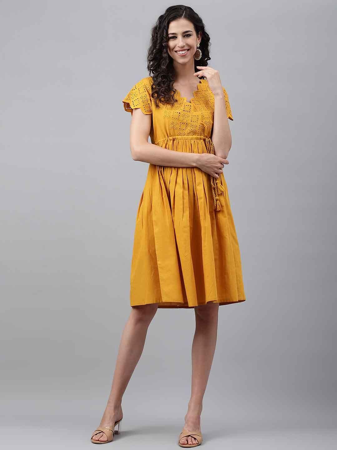 janasya yellow self design schiffli cotton fit & flare dress