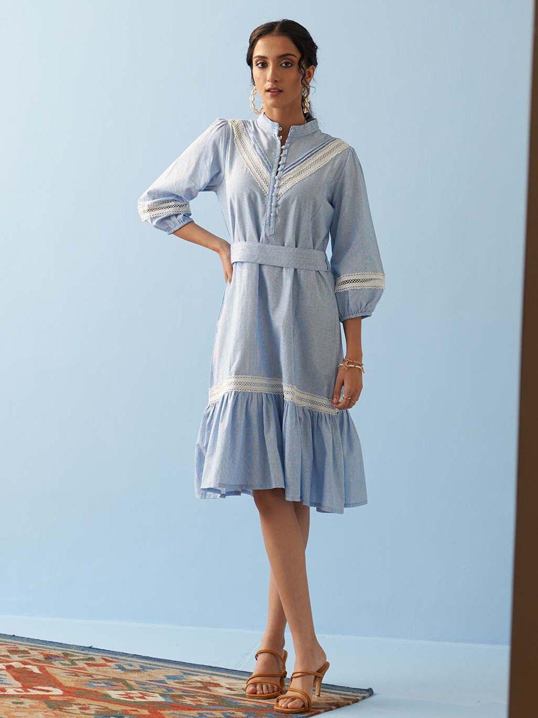 lakshita striped mandarin collar cotton a-line midi dress