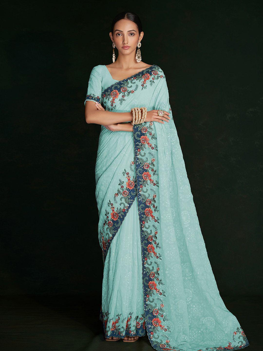 fusionic turquoise ethnic motifs embroidered pure georgette saree