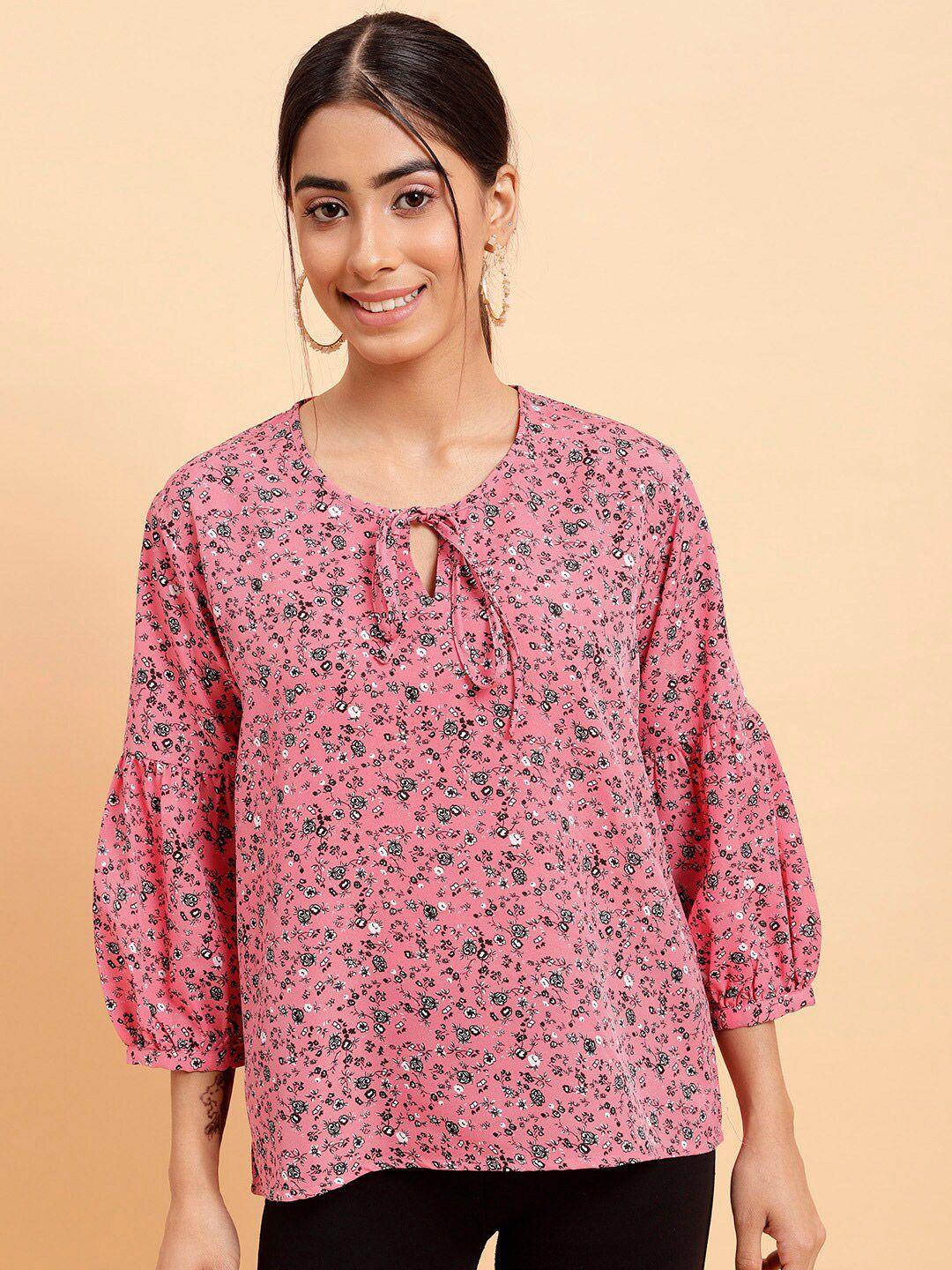 mint street floral printed tie-up neck puff sleeves top