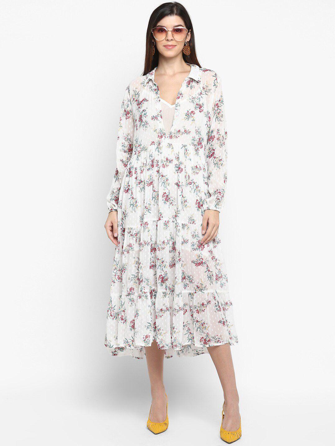 aditi wasan floral printed shirt collar tiered a-line midi dress