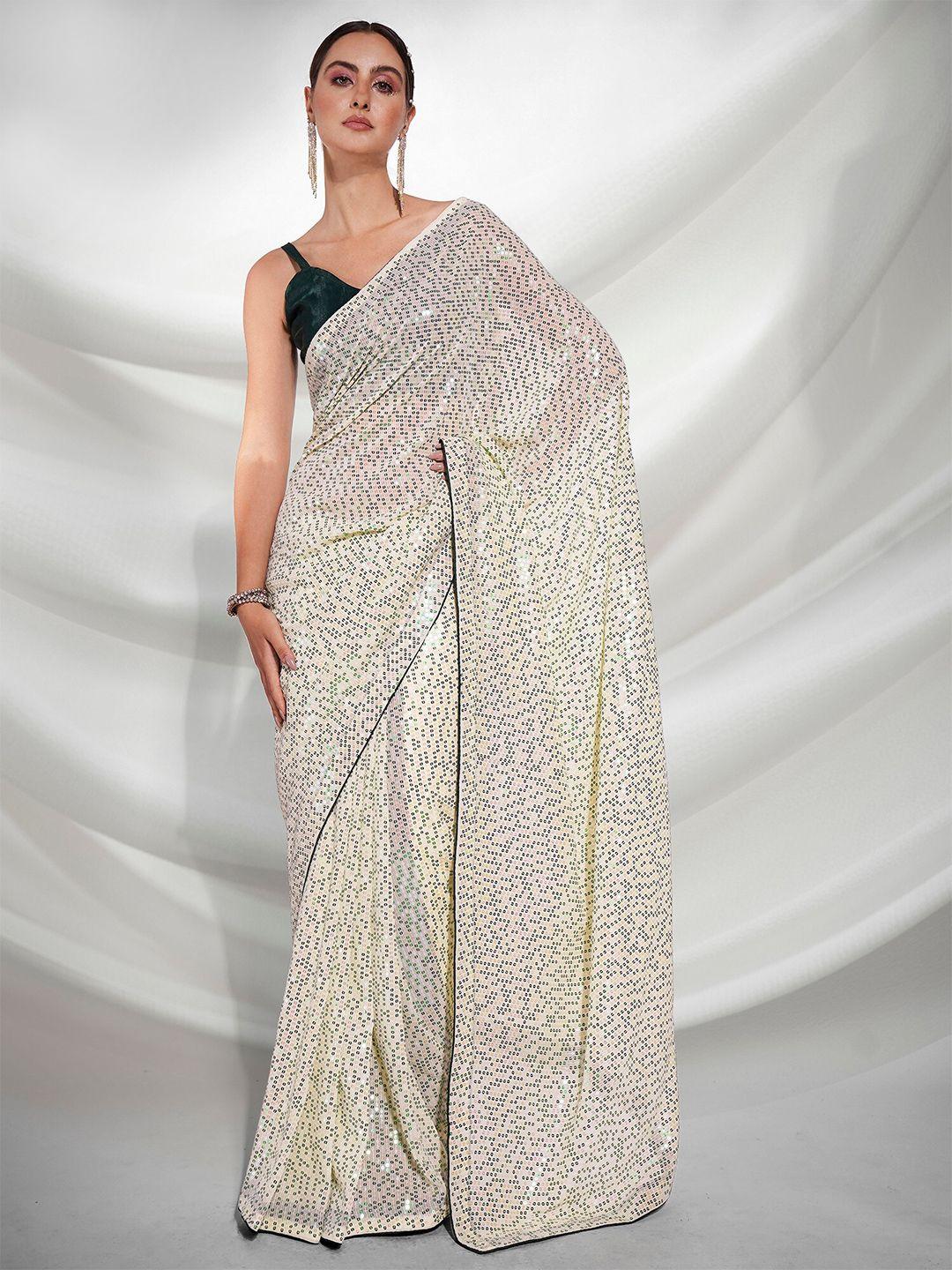 mitera off white embellished sequinned pure georgette saree