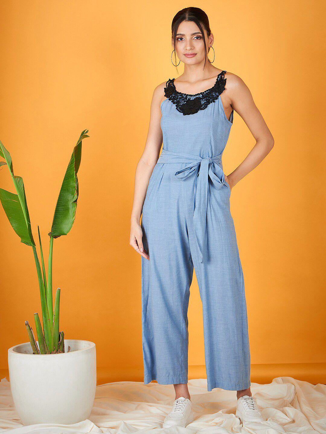 kassually blue sleeveless waist tie-up pure cotton basic jumpsuit