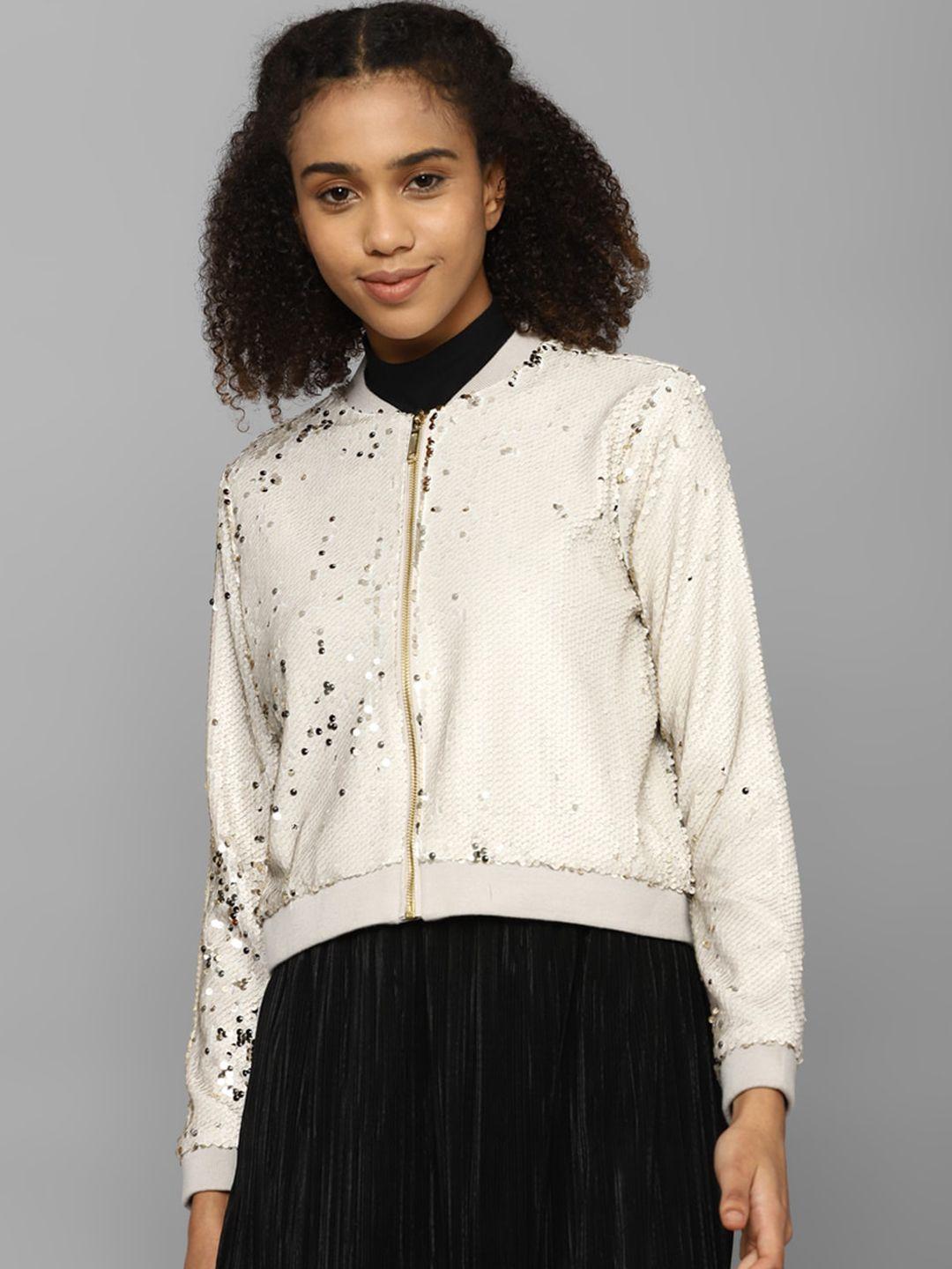 allen solly woman stand collar sequined crop bomber jacket