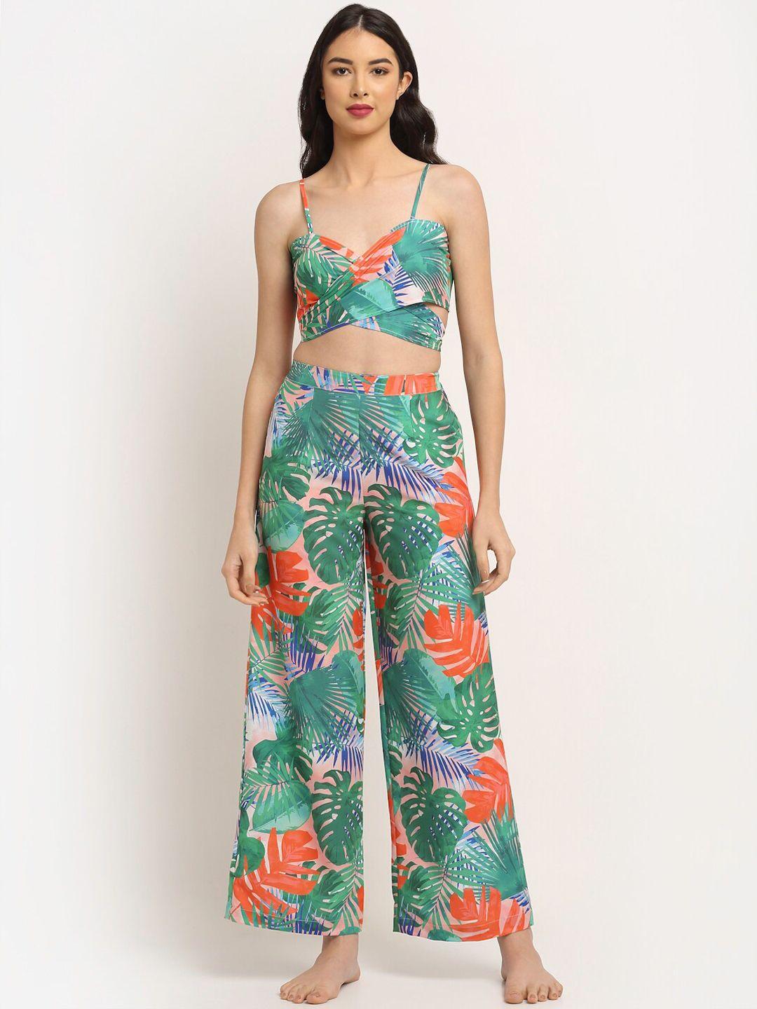 erotissch green & orange-coloured tropical printed swim set