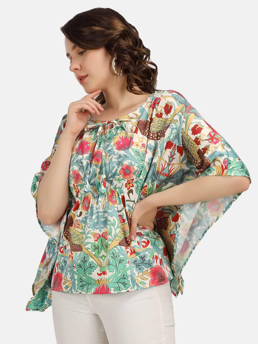 angloindu floral printed tie-up neck satin kaftan top