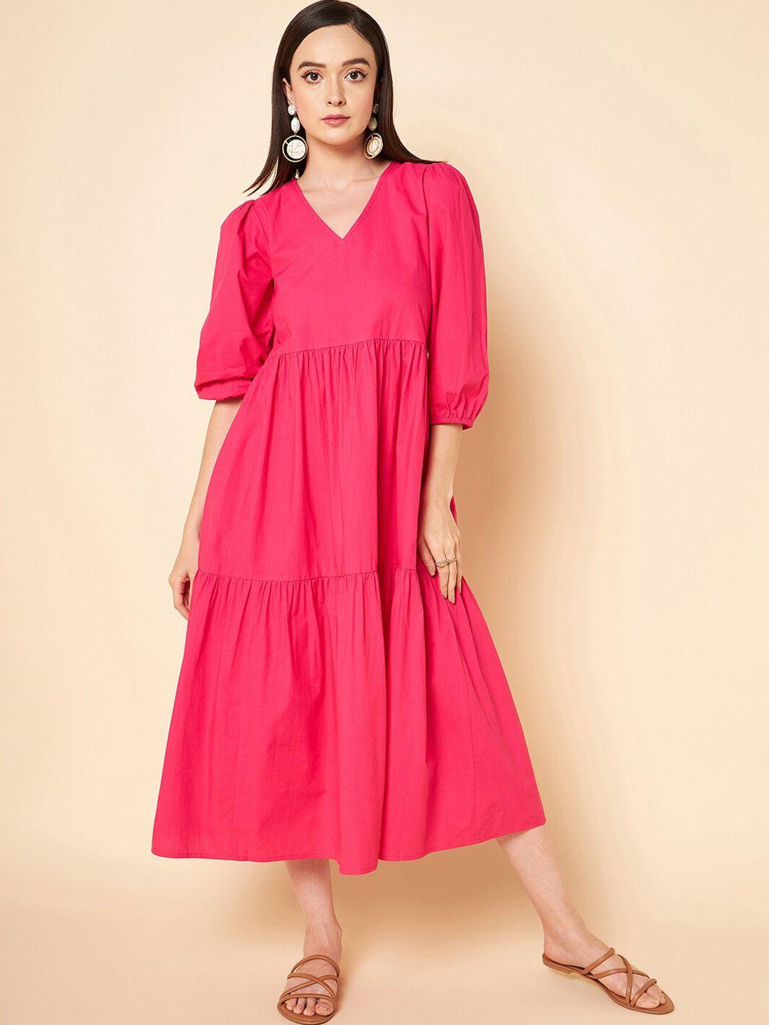 high star v-neck puff sleeve fit & flare midi dress