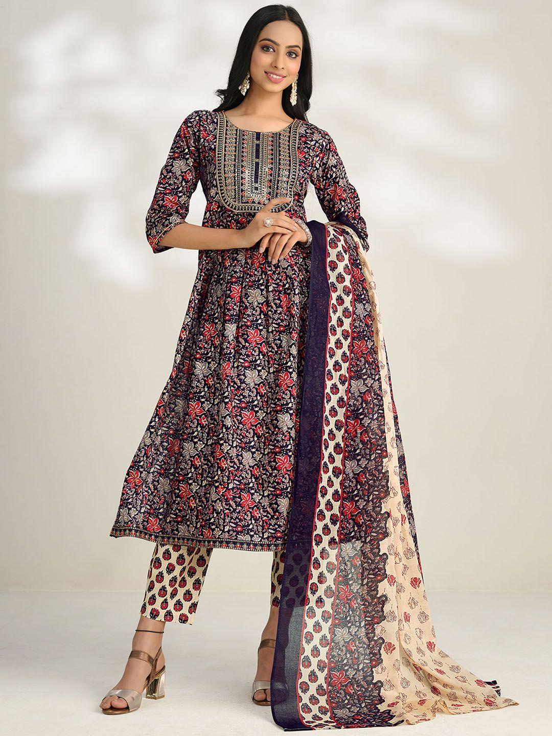 sangria black & red & blue printed pure cotton kurta with trouser & dupatta