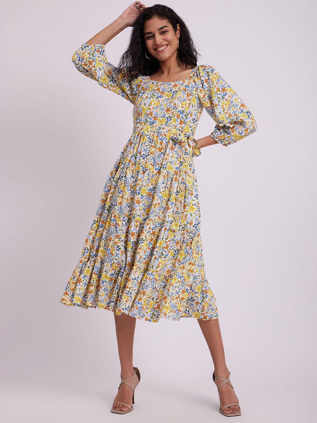 fablestreet floral print puff sleeve fit & flare midi dress