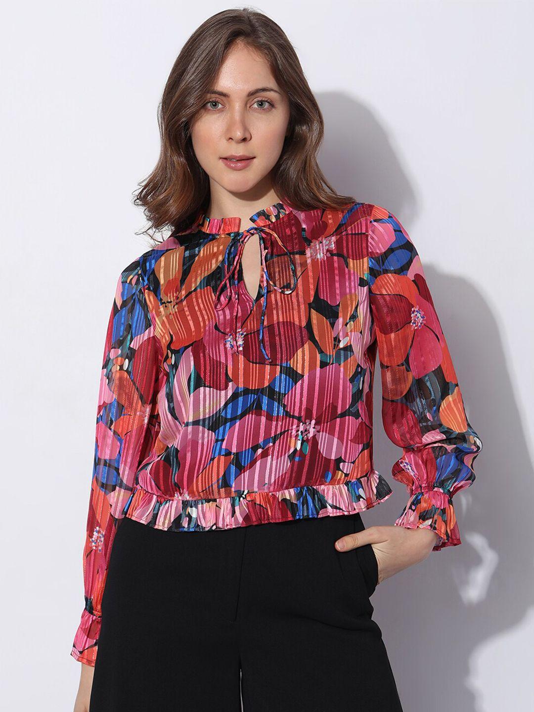 vero moda floral print tie-up neck shirt style top