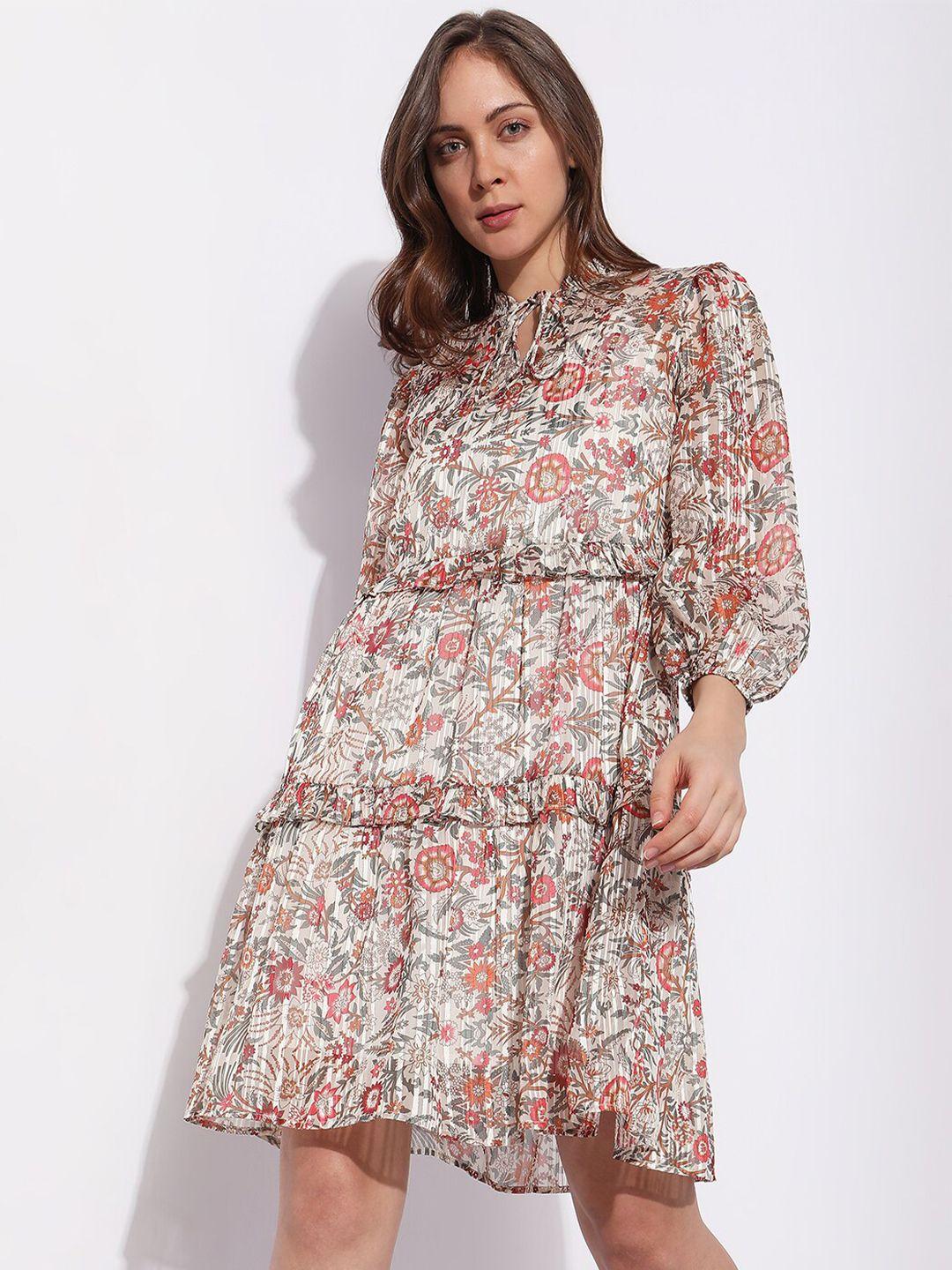 vero moda floral printed tie up neck tiered a-line dress