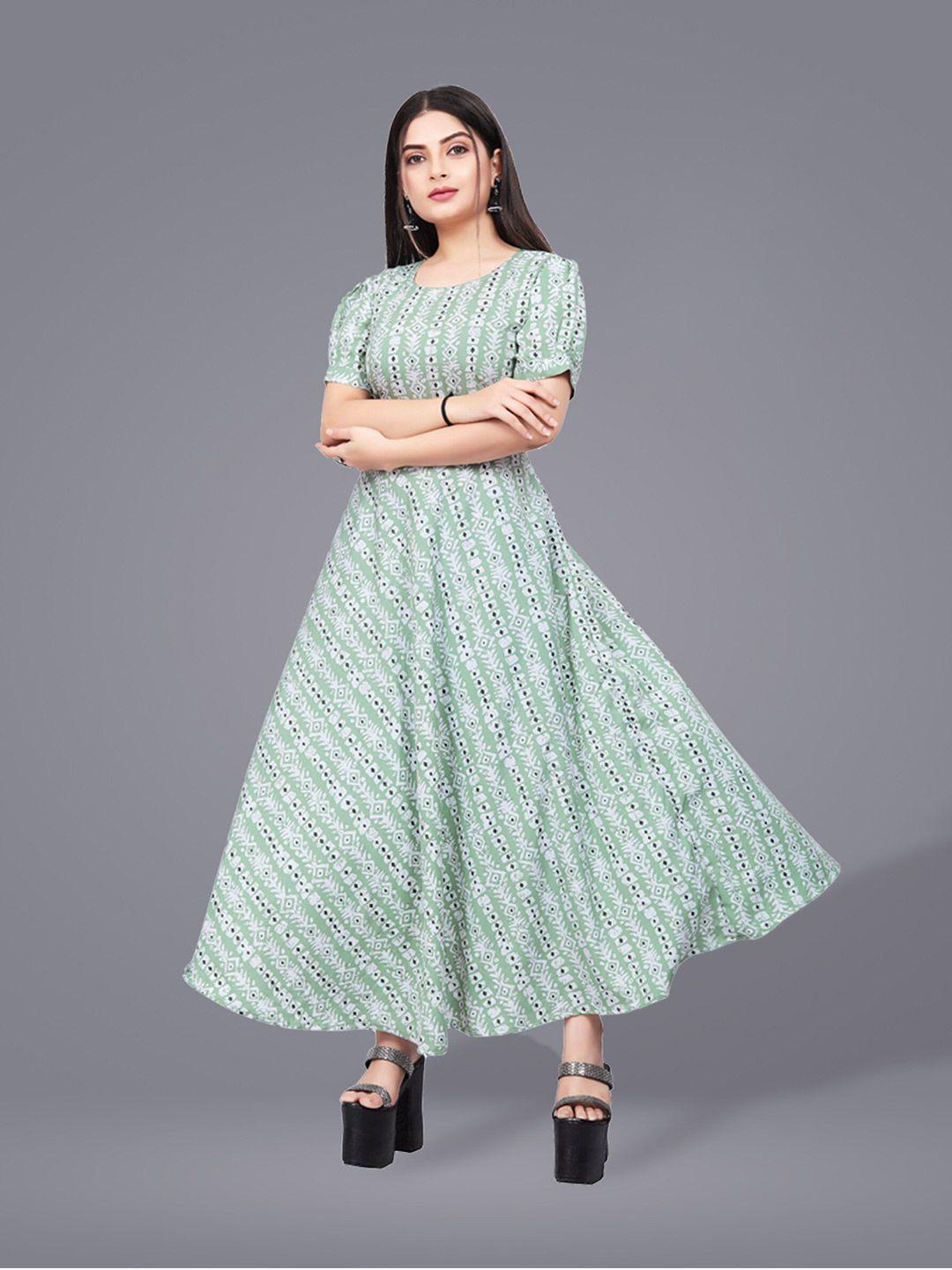 n n enterprise ethnic motifs printed puff sleeves fit & flare maxi ethnic dress