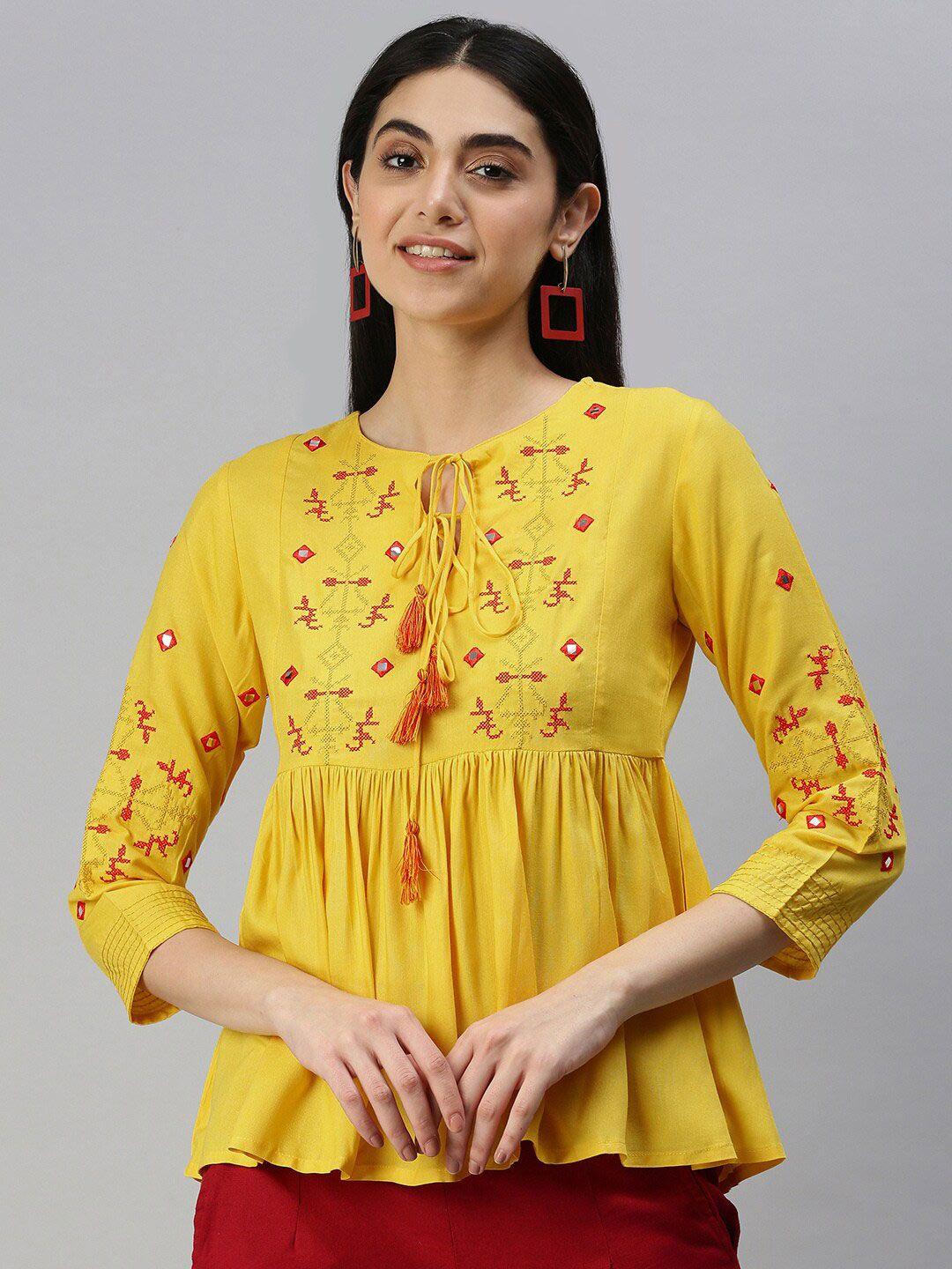 mast & harbour yellow floral print tie-up neck top