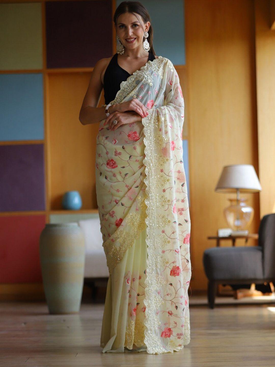 atulyam tex world floral printed embroidered pure georgette saree