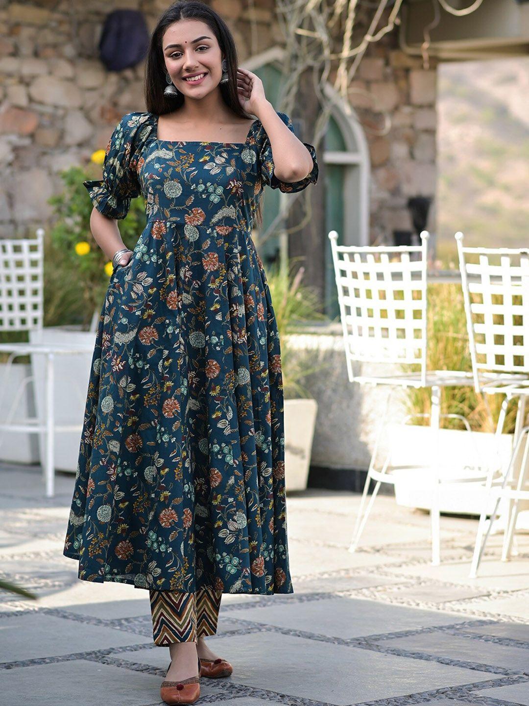 hatheli floral printed anarkali pure cotton kurta with trousers